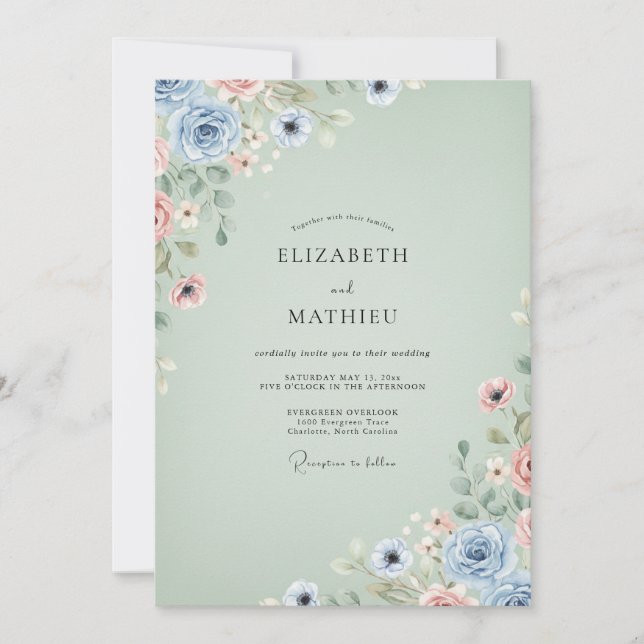 Convite Casamento com Anêmona em Aquarela Celadon (Frente)