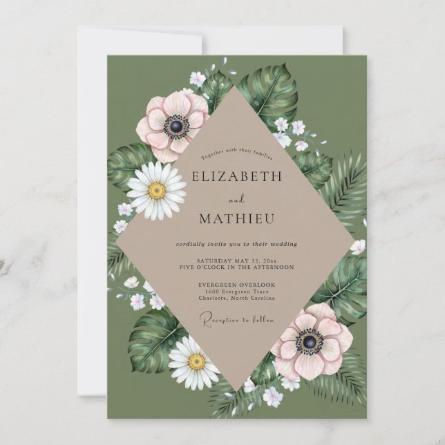Convite Casamento com Anêmona Olive Blush (Frente)