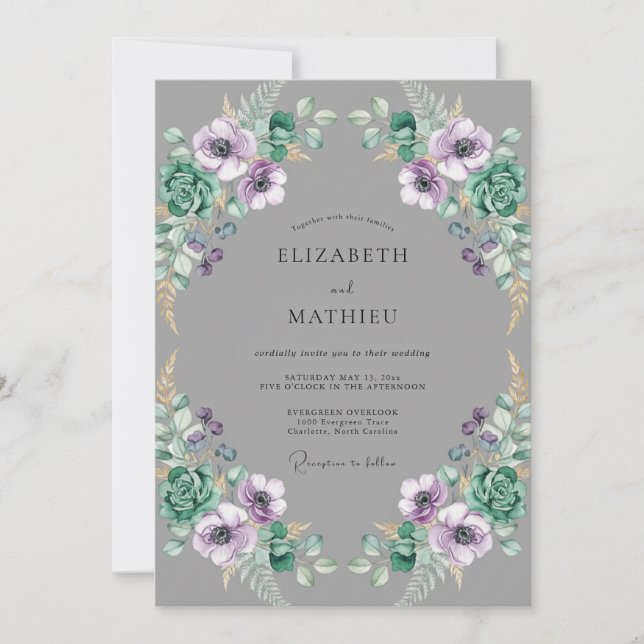 Convite Casamento com Anêmona Violeta Slate (Frente)