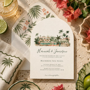 Convite Casamento com Aquarela à Beira da Piscina em Vila