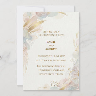 Convite Casamento com Aquarela Abstrata em Dourado Pastel