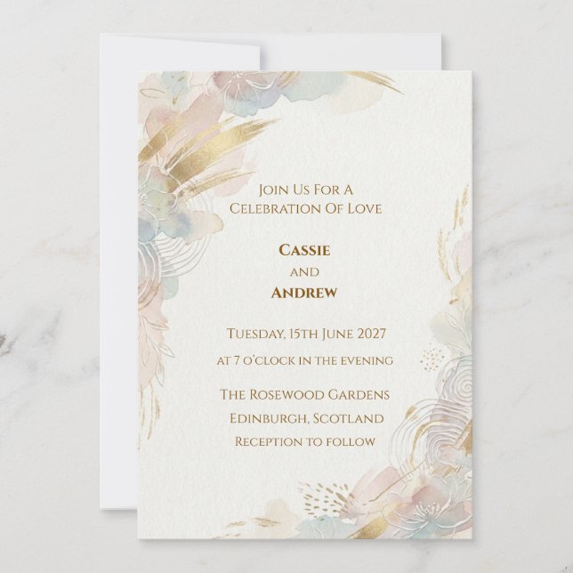 Convite Casamento com Aquarela Abstrata em Dourado Pastel (Frente)
