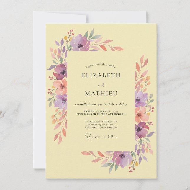 Convite Casamento com Aquarela Alegre Amarelo Pálido (Frente)