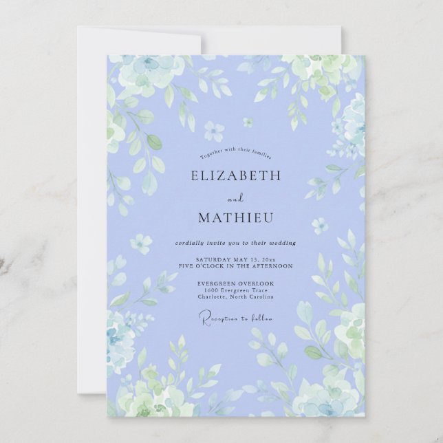 Convite Casamento com Aquarela Arejada de Periwinkle (Frente)