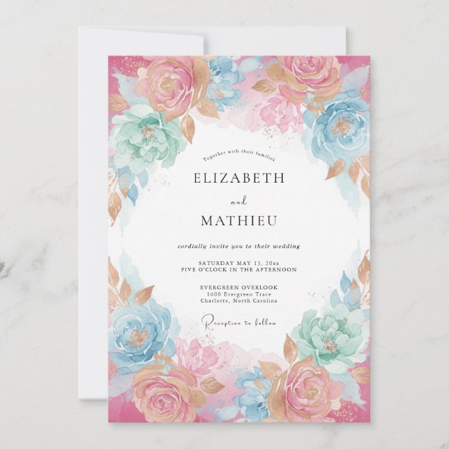 Convite Casamento com Aquarela Arejada Rosa Cor-de-Rosa (Frente)