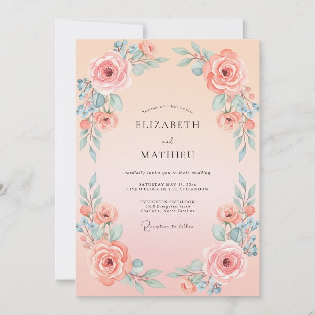 Convite Casamento com Aquarela Atemporal de Pêssego (Frente)