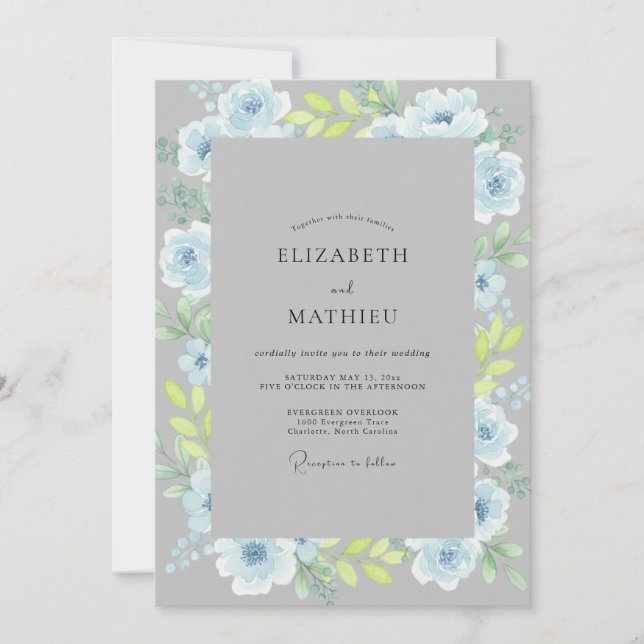 Convite Casamento com Aquarela Azul-Aço Periwinkle (Frente)