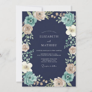 Convite Casamento com Aquarela Azul-água Naval