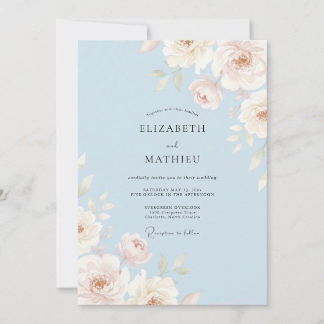 Convite Casamento com Aquarela Azul Celeste Graciosa (Frente)
