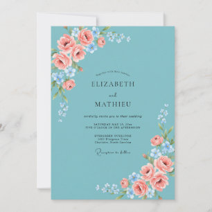 Convite Casamento com Aquarela Azul Céu e Rosa
