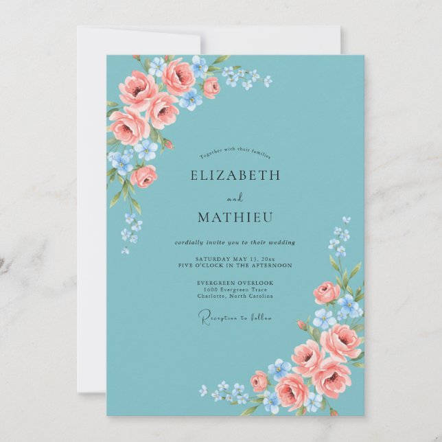 Convite Casamento com Aquarela Azul Céu e Rosa (Frente)