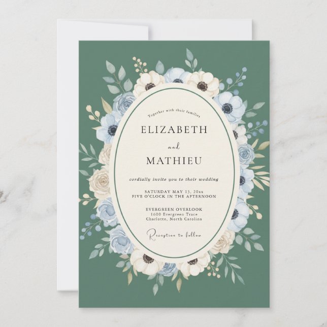 Convite Casamento com Aquarela Azul Claro e Sage (Frente)