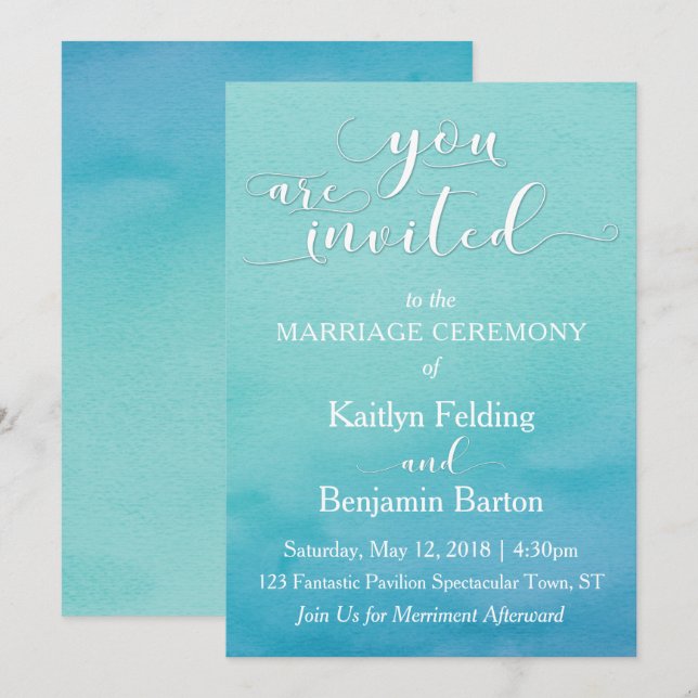 Convite Casamento com Aquarela Azul e Verde "Você é Convid (Frente/Verso)