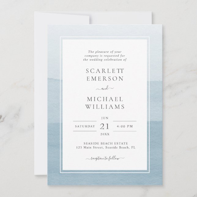 Convite Casamento com Aquarela Azul Empoeirado Moderno (Frente)