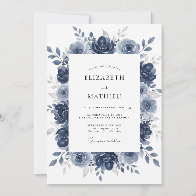 Convite Casamento com Aquarela Azul-Marinho Soberba (Frente)