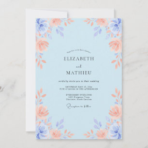 Convite Casamento com Aquarela Azul Pálido e Elegante
