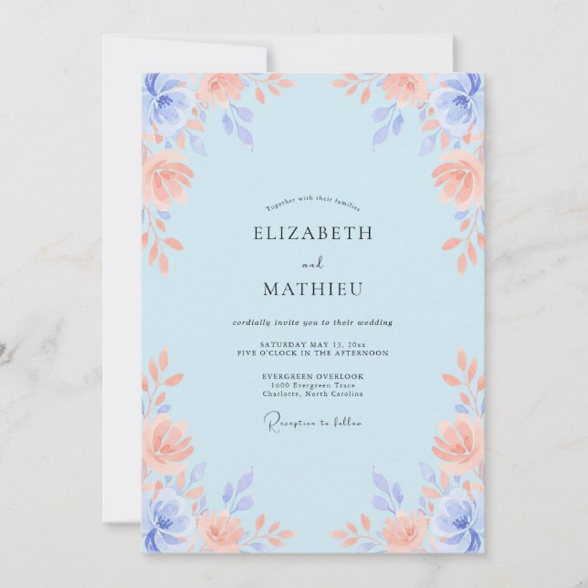Convite Casamento com Aquarela Azul Pálido e Elegante (Frente)