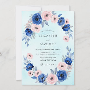 Convite Casamento com Aquarela Azul Real Delicada