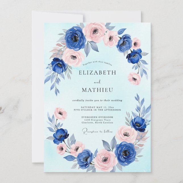 Convite Casamento com Aquarela Azul Real Delicada (Frente)
