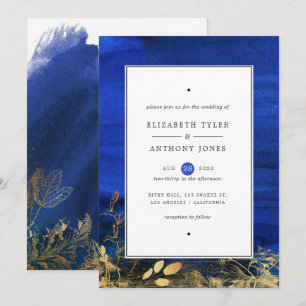 Convite Casamento com Aquarela Azul Real e Dourado