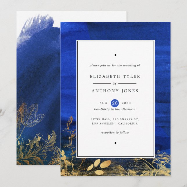 Convite Casamento com Aquarela Azul Real e Dourado (Frente/Verso)