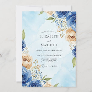 Convite Casamento com Aquarela Azul Real Soberbo