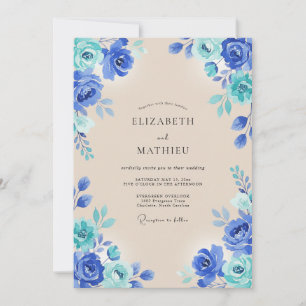 Convite Casamento com Aquarela Azul Real Vibrante