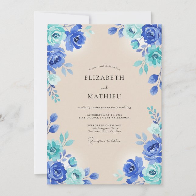 Convite Casamento com Aquarela Azul Real Vibrante (Frente)