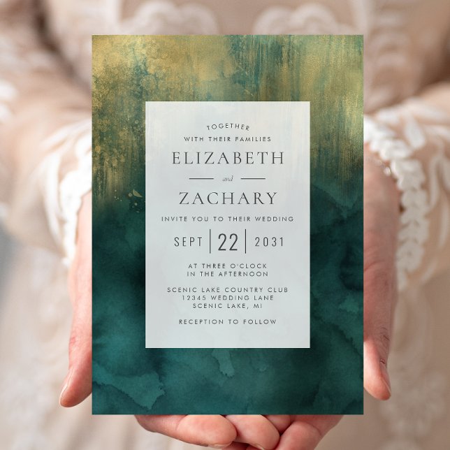 Convite Casamento com Aquarela Azul-turquesa e Dourado Ele (Criador carregado)