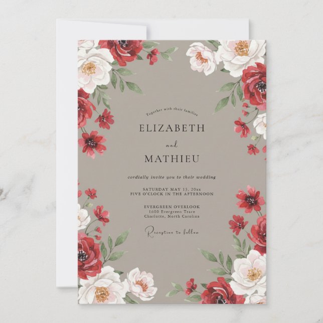 Convite Casamento com Aquarela Bege Carmesim (Frente)