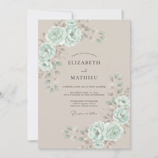 Convite Casamento com Aquarela Bege e Hortelã (Frente)