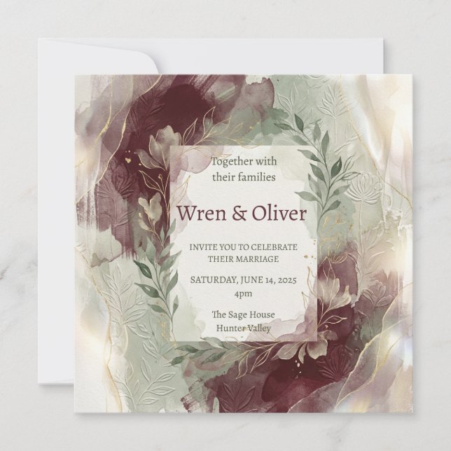 Convite Casamento com Aquarela Borgonha (Frente)