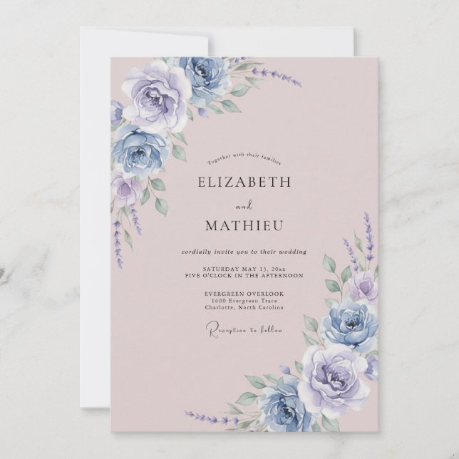 Convite Casamento com Aquarela Botânica Azul Desbotado Pas (Frente)