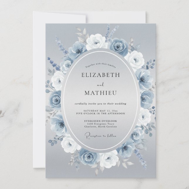Convite Casamento com Aquarela Botânica Azul Gelo (Frente)