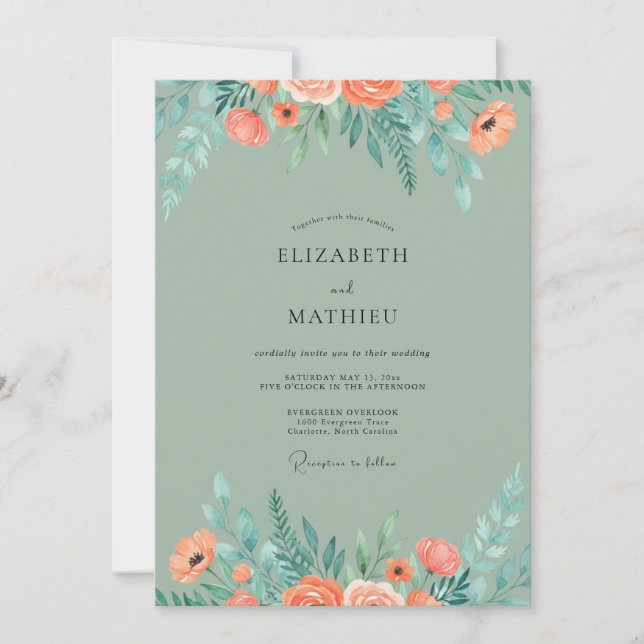 Convite Casamento com Aquarela Botânica Coral Sage (Frente)