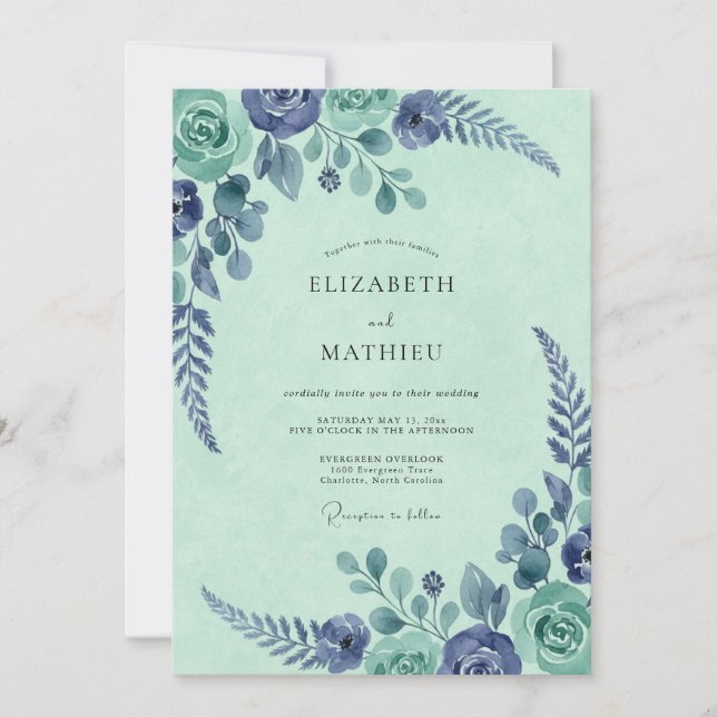 Convite Casamento com Aquarela Botânica de Índigo Menta (Frente)