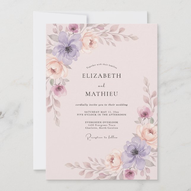 Convite Casamento com Aquarela Botânica de Lavanda Suave (Frente)