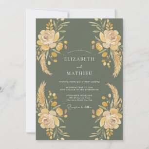 Convite Casamento com Aquarela Botânica de Ouro em Musgo