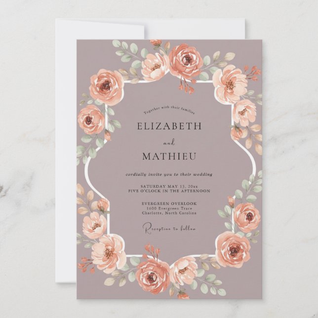Convite Casamento com Aquarela Botânica de Pêssego Malva (Frente)