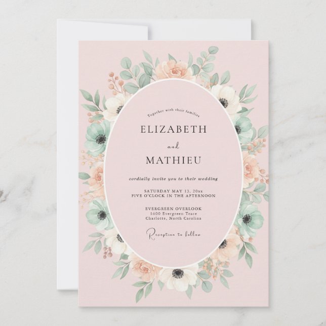 Convite Casamento com Aquarela Botânica em Rosa Claro Ment (Frente)