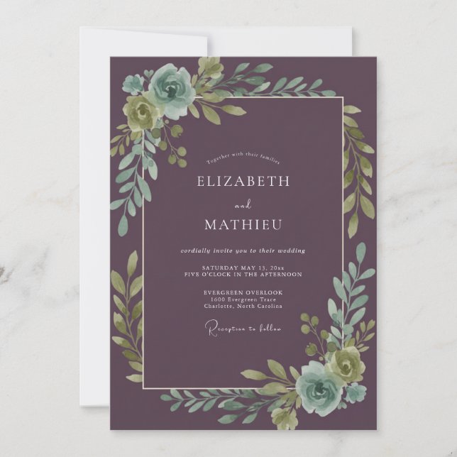Convite Casamento com Aquarela Botânica em Tons de Ameixa  (Frente)