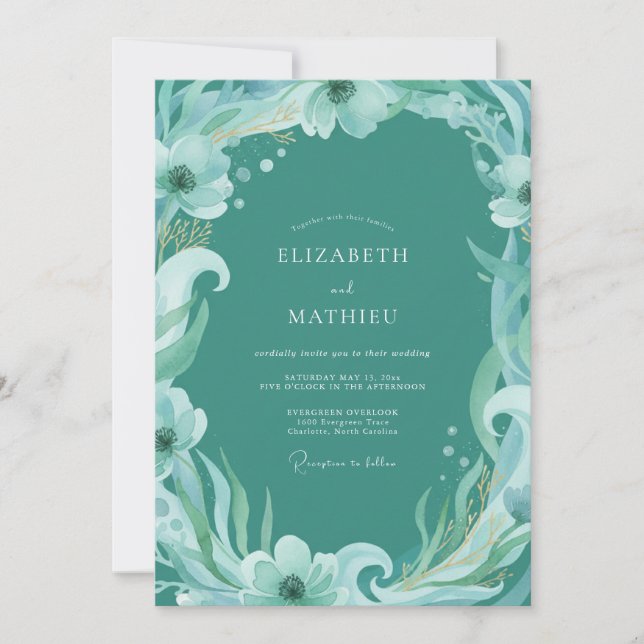Convite Casamento com Aquarela Botânica Etérea Aquática (Frente)