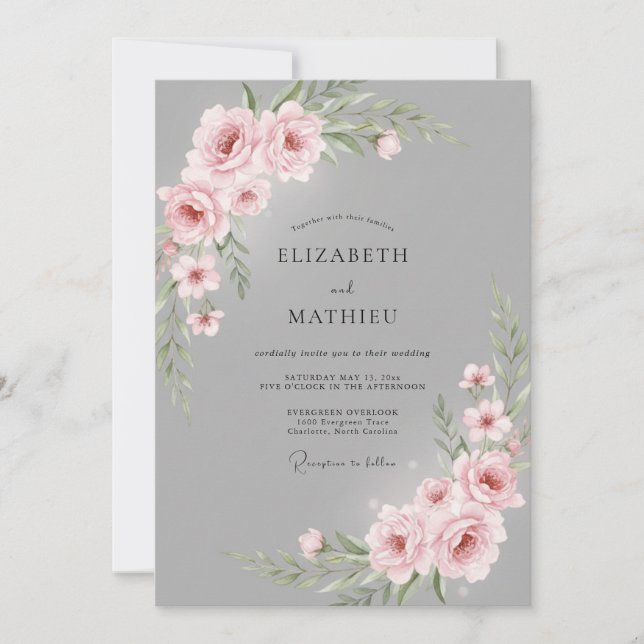 Convite Casamento com Aquarela Botânica Rosa Cor-de-Rosa (Frente)