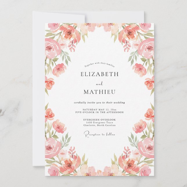 Convite Casamento com Aquarela Botânica Rosa Pêssego (Frente)