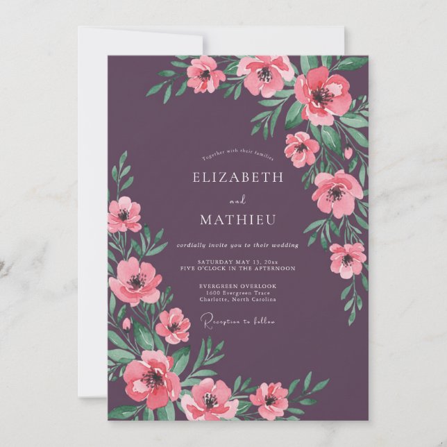 Convite Casamento com Aquarela Botânica Rosa Plum (Frente)