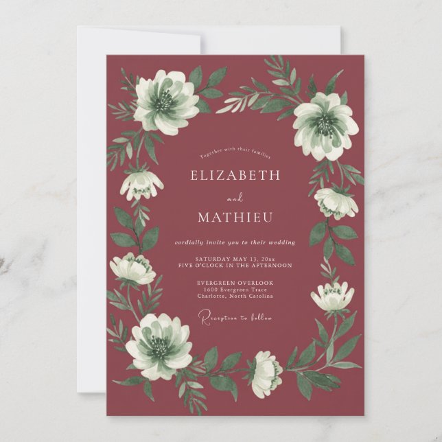 Convite Casamento com Aquarela Botânica Rosa Profundo (Frente)