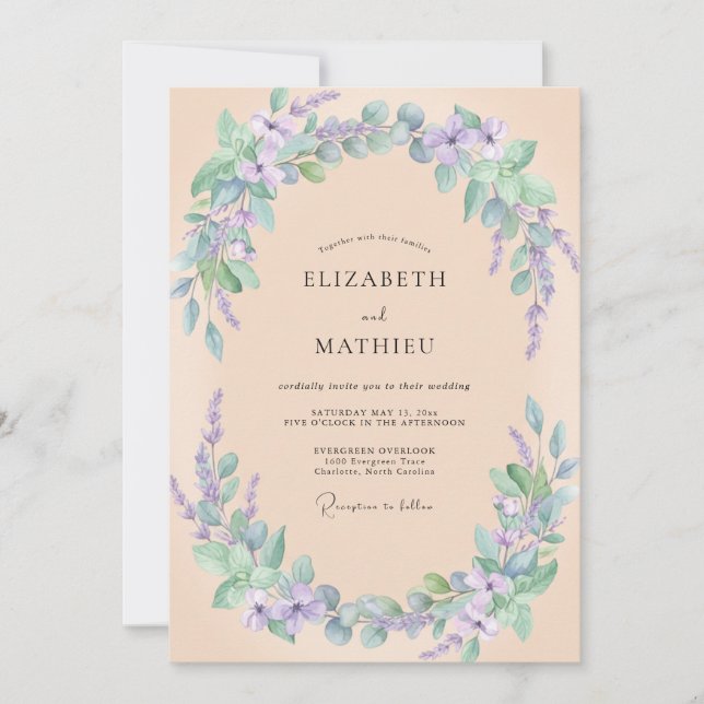 Convite Casamento com Aquarela Botânica Roxa de Pêssego (Frente)