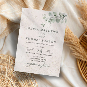 Convite Casamento com Aquarela Botânica Rústica em Verde S