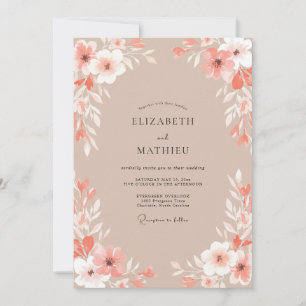 Convite Casamento com Aquarela Botânica Suave de Pêssego