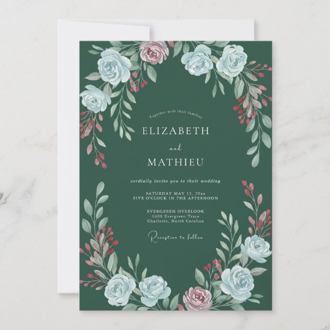 Convite Casamento com Aquarela Botânica Verde Esmeralda (Frente)